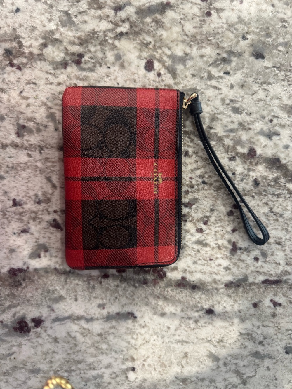 Coach Red and Black Plaid Zip Wristlet